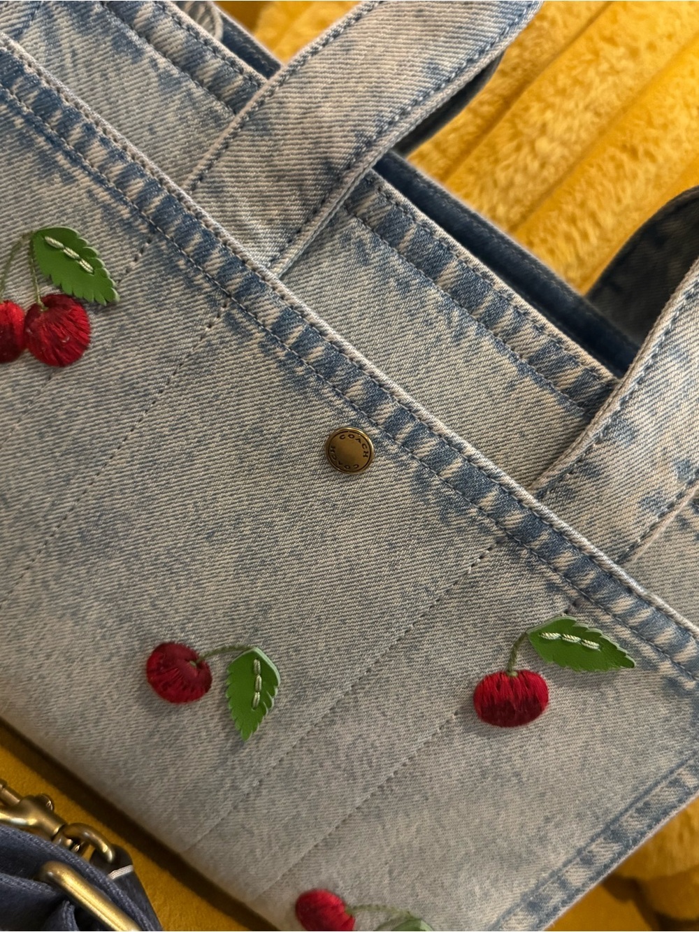 Coach Denim Cherry Embroidered Mini Tote - Light Blue with Red & Green Accents - Picture 3 of 8